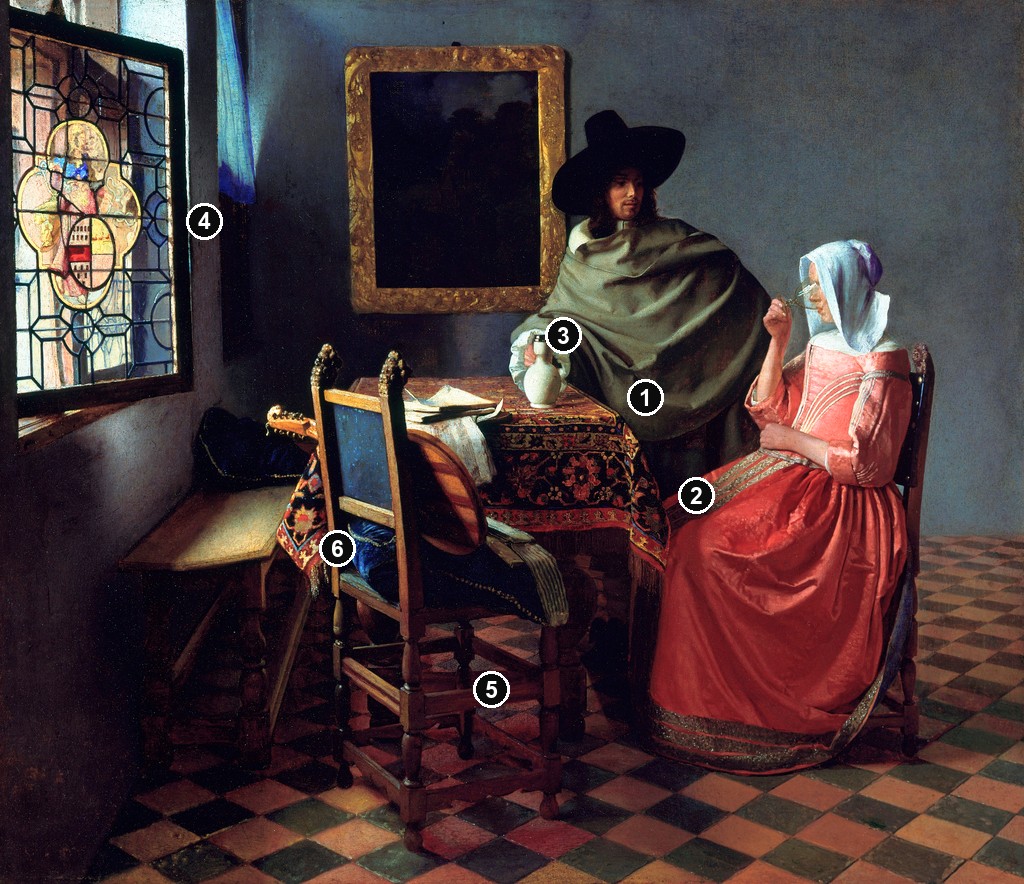 Annotated details from The Glass of Wine by Johannes Vermeer
